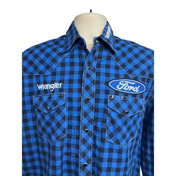 Wrangler Ford Mens Blue Plaid Western Pearl Snap Shirt Medium Flap Pockets - Picture 4 of 8
